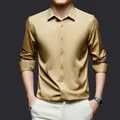 Elegant champagne gold satin men's dress shirt with long sleeves and formal style - Khaki