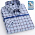 100% pure cotton men's short sleeve shirt in blue plaid pattern style - 38 / Tops / Blue White Brown Plaid (D2517)