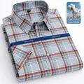 Men's premium 100% cotton short-sleeved plaid shirt in a stylish gray and orange grid - 38 / Tops / Grey-White-Orange Plaid (D2518)