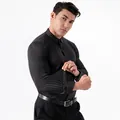 Men's black vertical striped long-sleeve stretch shirt with wrinkle-resistant fabric. - 3XL / Tops / Black