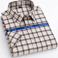 Men's 100% cotton short sleeve plaid shirt in beige and blue non-iron fabric - 38 / Tops / Beige Blue Black Plaid (D2519)