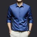 Men's blue satin dress shirt with wrinkle-free finish for business casual wear - Sapphire Blue