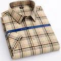 Premium men's 100% cotton short sleeve plaid shirt in beige, non-iron casual style. - 38 / Tops / Beige-Yellow Plaid (D2520)