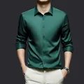Men's elegant dark green satin long sleeve shirt with a wrinkle-free slim fit design - Dark Green