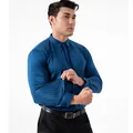 Blue vertical striped elastic long sleeve shirt for men in casual slim fit style - Teal