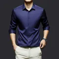 Premium dark blue silk satin men's formal shirt with long sleeves and slim fit design - Navy Blue