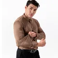 Men's brown striped long-sleeve stretch shirt with non-iron wrinkle-resistant fabric. - Khaki
