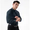 Men's stretch striped long sleeve shirt in dark green showing high fabric elasticity. - Dark Green