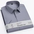 Camicia da uomo a maniche corte grigia professionale in tessuto di seta di gelso - 38 / Top / Grigio