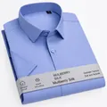 Camicia a maniche corte da uomo in misto seta di gelso blu chiaro con colletto classico - 38 / Top / Blu