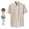 Men's linen and modal blend short-sleeved business casual shirt in beige color - 38 / Tops / Khaki