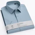 Premium men's short sleeve shirt made with mulberry silk in a stylish blue-grey finish - Green