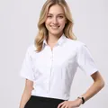 Close-up of white short-sleeved women's blouse for professional business workwear - 38 / Tops / V领白色(DV68-11)