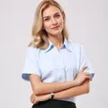 Close-up of a women's light blue short-sleeved professional button-up business shirt - 38 / Tops / V领浅蓝色(DV68-12)