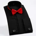 Elegant black wing collar tuxedo shirt featuring a pleated front and red bow tie - 3XL / Tops / Black (5504)