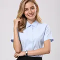 Professional light blue short sleeve work shirt for women with elegant square collar design - 38 / Tops / 方领浅蓝色(DZ68-12)