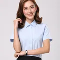Camisa de trabajo profesional azul claro de manga corta para mujer con elegante cuello cuadrado - 38 / Tops / 方领浅蓝色(DZ68-12)