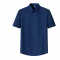 Chemise homme à manches courtes bleu marine classique en mélange de lin et modal - Bleu marine