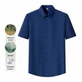 Chemise homme à manches courtes bleu marine classique en mélange de lin et modal - Bleu marine