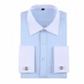 Light blue men's French cuff dress shirt with white collar and jacquard pattern - 3XL / Tops / Blue Jacquard