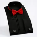 Men's black tuxedo shirt with wing collar, red bow tie, and French cuffs - 3XL / Tops / Black