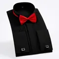 Men's black tuxedo shirt with wing collar, red bow tie, and French cuffs - 3XL / Tops / Black