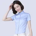 Elegant light blue short sleeve professional blouse for women in a slim fit design - 38 / Tops / T-Shirts / Light Blue