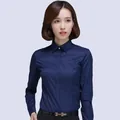 Professional women's slim-fit long-sleeve navy blue blouse for formal business office wear - 38 / Tops / Long Sleeve / Navy Blue