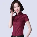 Professional burgundy short-sleeved slim-fit button-down shirt for women office wear - 38 / Tops / T-Shirts / Burgundy