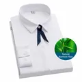 Breathable white bamboo fiber long sleeve shirt featuring a navy blue ribbon tie - 42 / Tops / White