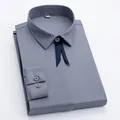 Elegant grey-blue bamboo fiber long-sleeved casual shirt with dark blue ribbon collar - 42 / Tops / Premium Grey