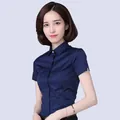 Slim fit navy blue short sleeve professional work blouse for women in cotton - 38 / Tops / T-Shirts / Navy Blue