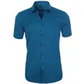 Short sleeve men's four-way stretch shirt in dark cyan with button-down collar - 38 / Tops / Dark Blue (D2-721)