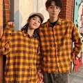 Camisa de cuadros cepillados en amarillo y negro unisex para parejas de estilo coreano manga larga - S / Tops / Cuadros Amarillos y Negros