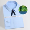 Camicia da donna slim in fibra di bambù celeste con fiocco nero in nastro decorativo - 38 / Top / Blu