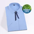 Sky blue bamboo fiber women's short-sleeve shirt with navy tie accessory - 38 / Tops / Light Blue