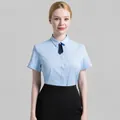 Women's light blue short-sleeved slim fit business professional shirt with bow - 38 / Tops / Blue (Short Sleeve)