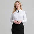 Chemise professionnelle classique blanche à manches longues avec élégant détail de nœud bleu marine - Blanc (Manches Longues)