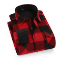 Red and black plaid men's long-sleeve shirt with thick fleece lining for winter warmth - S / Tops / Red Black Plaid (BN14-5)