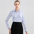 Women's long sleeve non-iron cotton shirt in fine blue and white vertical stripes - 43 / Tops / Long Sleeve / Fine Blue and White Stripe (ZDP-2012)