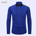 Elegant blue men's tuxedo shirt featuring a pleated front and a black bow tie accessory - S / Tops / Dark Blue (LF632)