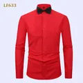 Elegant men's formal red tuxedo shirt with pleated front bib and black bow tie accessory - S / Tops / Red (LF633)
