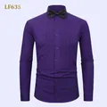 Elegant purple long-sleeved tuxedo shirt for men with black bow tie - S / Tops / Purple (LF635)