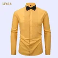 Men's long sleeve yellow tuxedo dress shirt with black bowtie and pleated front - S / Tops / Yellow (LF636)