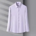 Women's professional long-sleeved shirt in light purple fine vertical stripes - Fine Purple Stripe (Z508)