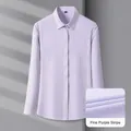 Women's professional long-sleeved shirt in light purple fine vertical stripes - Fine Purple Stripe (Z508)
