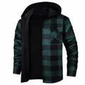 Men's green and black plaid hooded flannel shirt with warm fleece lining - S / Top (JM319-3) / Dark Green and Black Plaid (JM319-3)