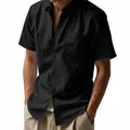 Detailed view of lightweight black linen short sleeve shirt for men with chest pocket - 3XL / Tops / Black
