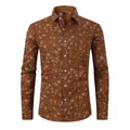Men's vintage brown floral print long-sleeved casual shirt with classic button-down collar - Tan Floral Pattern