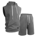 Détail du haut à capuche sans manches et du short en jacquard gris pour homme - S / Haut et Bas / Gris clair